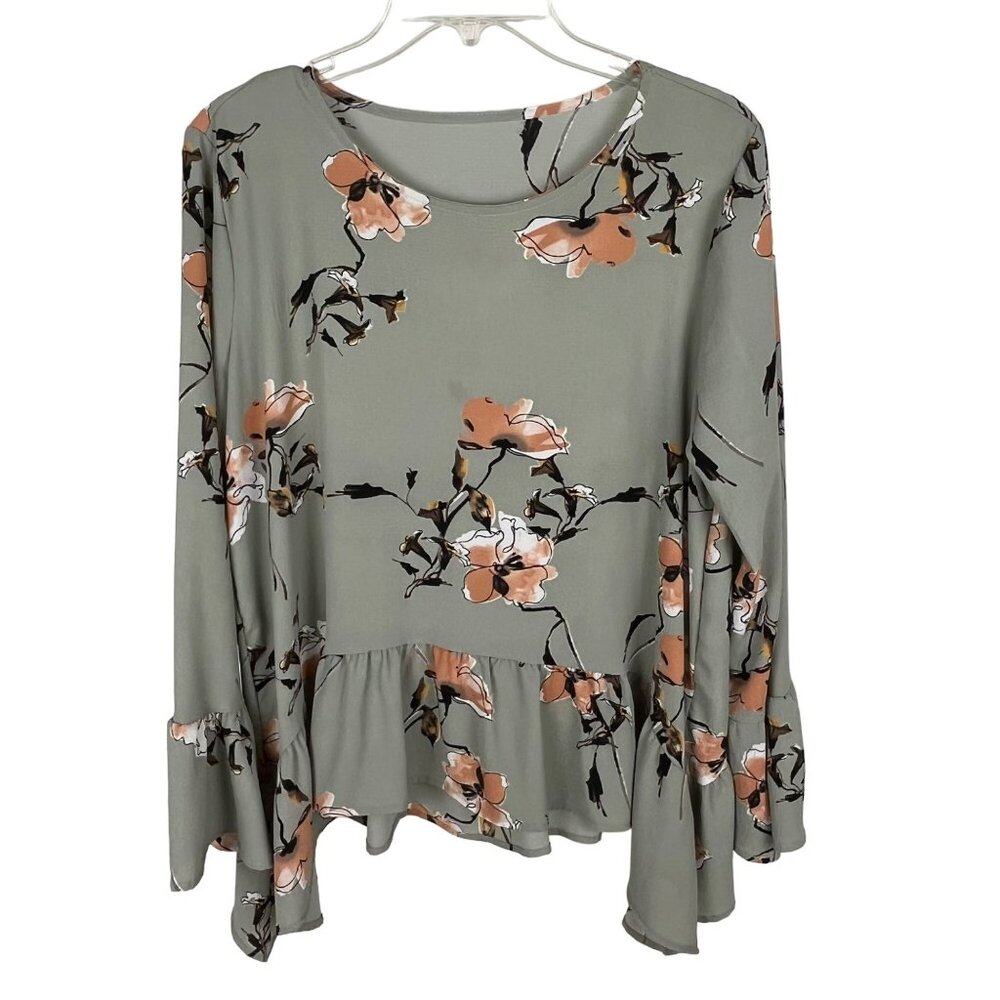 Gibson Gray Floral Scoop-Neck Bell-Sleeve Flowy Crepe Top Sz. S